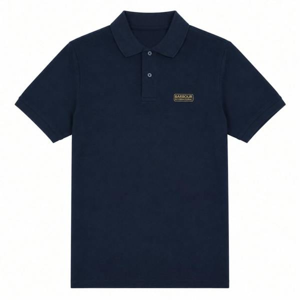 Navy blue Barbour International polo shirt with a classic collar, two-button placket, and gold chest logo patch.