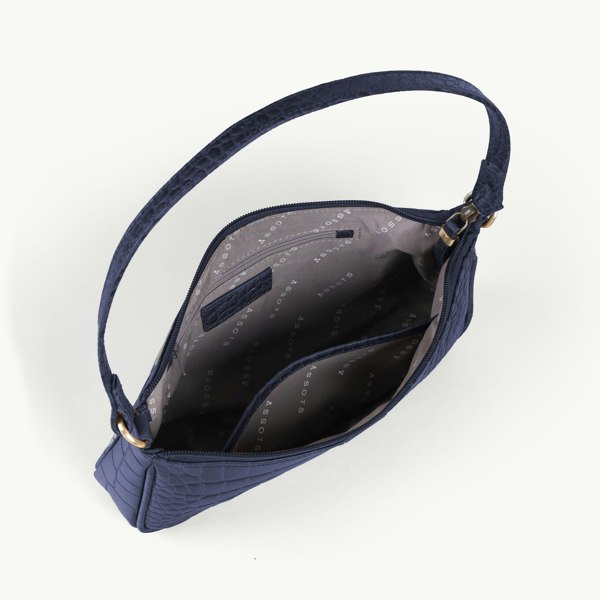 Assots London 'ZARA' Navy Croc Real Leather Baguette Shoulder Bag