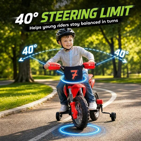 12V Kids Electric Motorbike, Ride on Motorcycle with Dual Motors, Training Wheels, Rear Suspension for 3-6 Years, Red