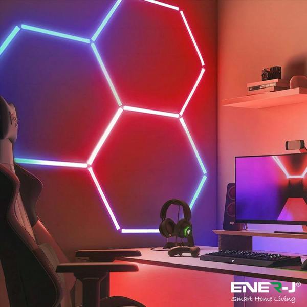 Ener-J 150W Hexagon RGB LED Garage Ceiling Light, 5 Hexagon Design, Remote Control, 24 T5 Tubes Showroom Kit