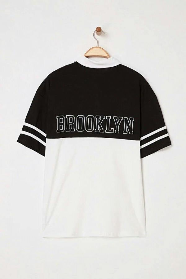WOVCOR Oversize Color-Block Brooklyn Print Polo Neck Men's T-shirt