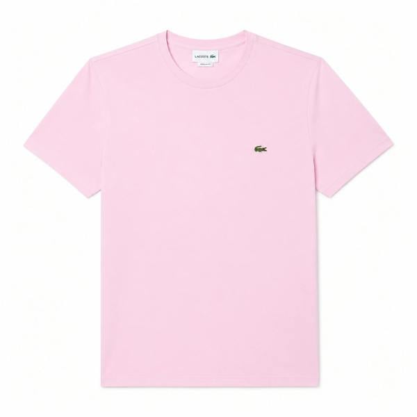 Lacoste light pink Pima cotton crew neck t-shirt with signature green crocodile logo.