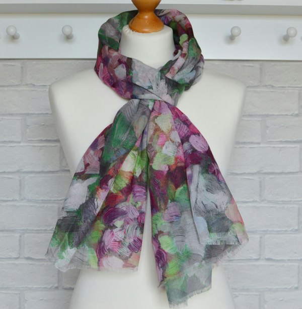 Antonia York Abstract Floral Scarf | Clara Brush Stroke Watercolour Pink Green Grey Wrap