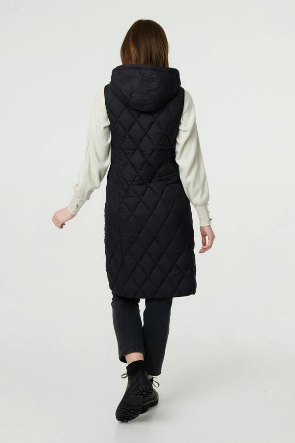 Black | Hooded Sleeveless Longline Puffer Gilet

