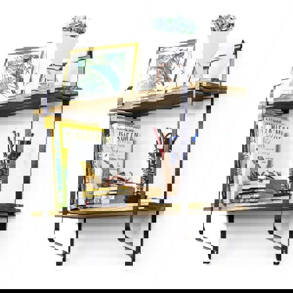 Living and Home 2 Tiers Wall Mounted Industrial Style Classic Metal Wire Tidy Wooden Decor Floating Shelf Display Rack Organizer