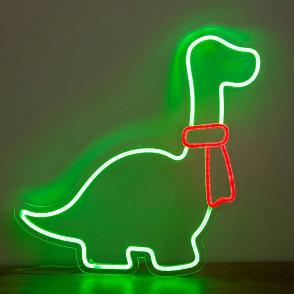 Samuel Alexander 43cm Light up Green & Red Neon Dinosaur Christmas Light with Scarf & Stand