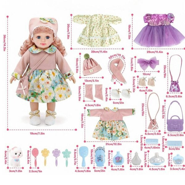 deAO Toys Baby Doll Gift Set with Outfits, Cat Figure & Hair Accessories – Dress‑Up Fashion Doll Playset for Kids Ages 3+