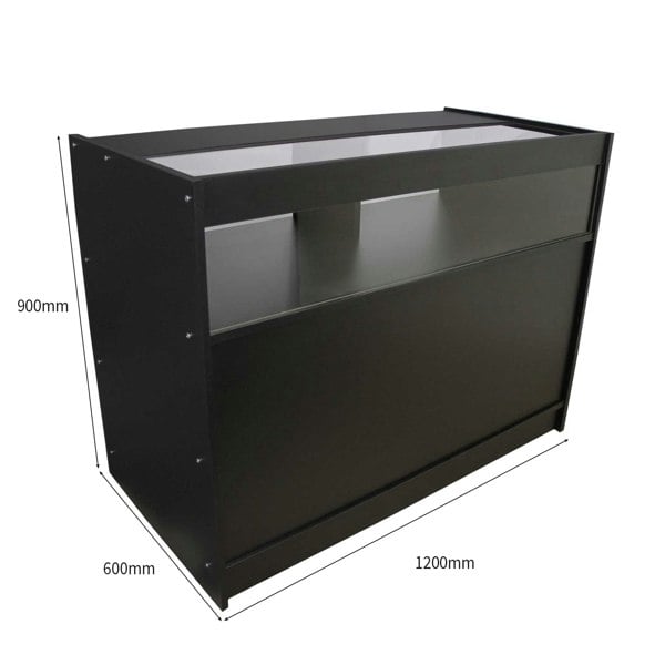 B1200 retail shop counter in sleek black, featuring a modern design with a glass display top and spacious storage area, dimensions 1200mm x 600mm x 900mm