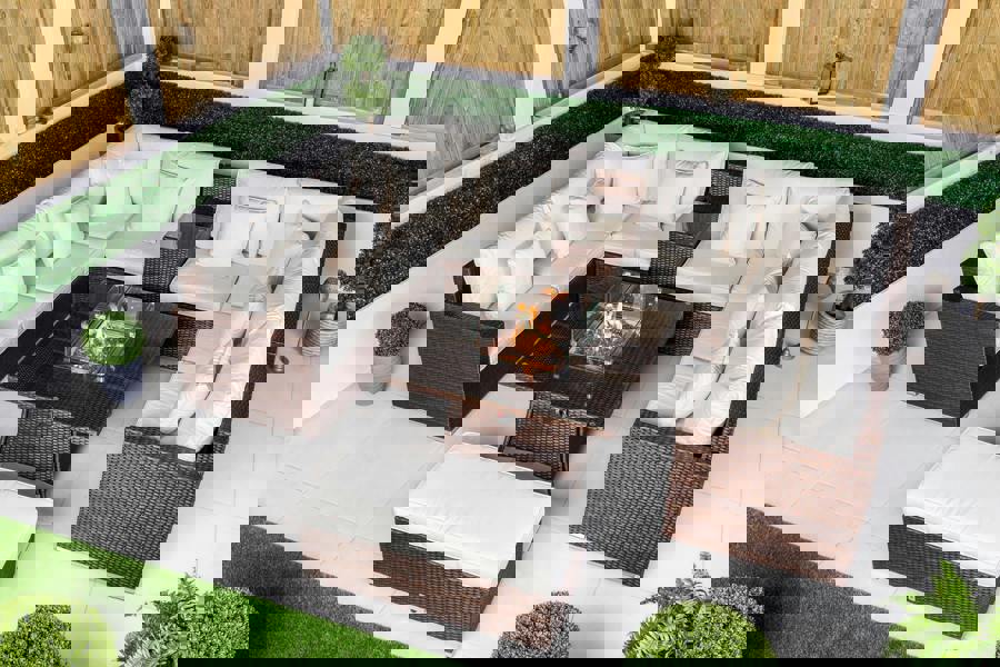 Giardino Havana 8 Seat Modular Sofa Rattan Garden Furniture Set Outdoor Drinks Cooler & Fire Pit Coffee Table, Bench