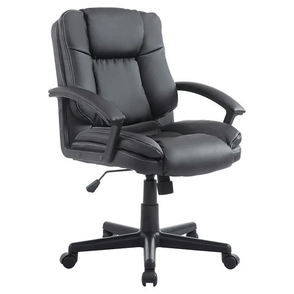 Black PU leather office desk chair with padded headrest, armrests, and swivel base