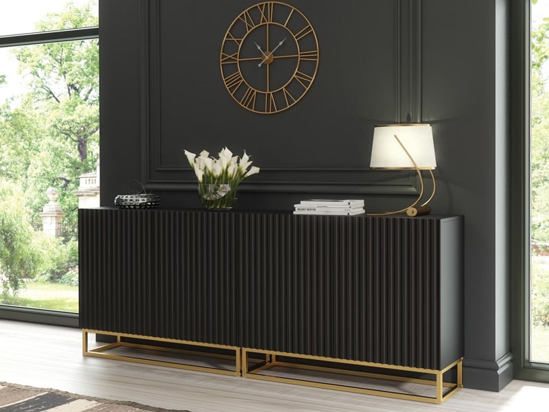 Mex Furniture Sophisticated Black Sideboard with Fluted Fronts & Gold Legs – 200cm Storage Unit