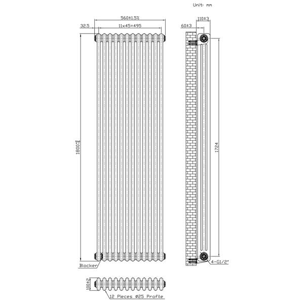 Monstershop Traditional 3 Column Radiator - 1800 x 560mm - Raw Metal