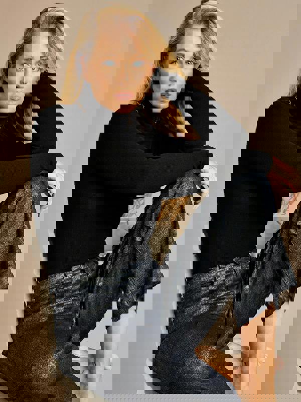 GWD Anna Knit Black Turtle Neck Jumper & Rydal Indigo Silver Foil Printed Wide Leg Denim Jean | GWD Clothing