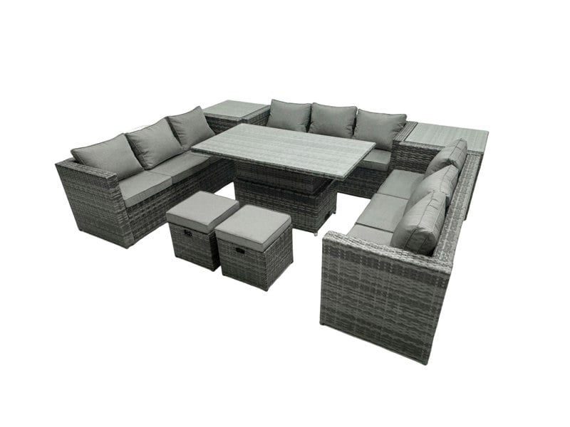 Fimous U Shape Rattan Gardern Furniture Dining Sofa Set Adjustable Rising Dining Table With 2 Side Coffee Table Extra 2 Stool