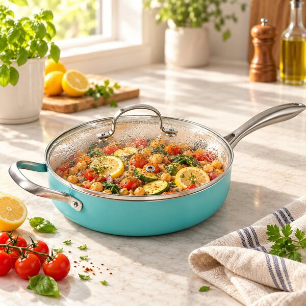 Gr8 Home 12 Piece Ceramic Non Stick Induction Cookware Set Teal Pots & Pans Lids Utensils