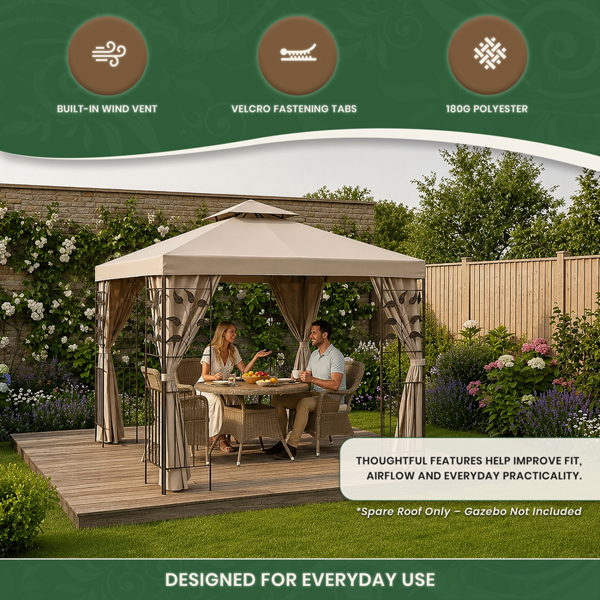 The Garden Marketplace Spare Roof Cover for 2.5m Square Leaf Design Garden Gazebo, Beige 180g Fade-Resistant Polyester Canopy with Wind Vent