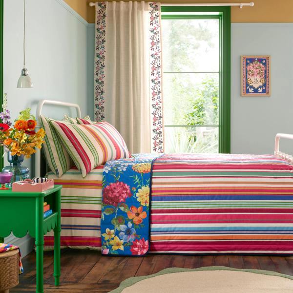 Sophie Robinson Darling Floral Reversible Stripe Bedspread Bright