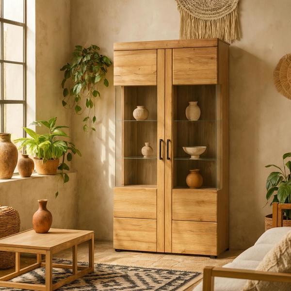 Wyld Haus Larkwood Tall Wide 2 Door Glazed Grandson Oak Wood Display Cabinet