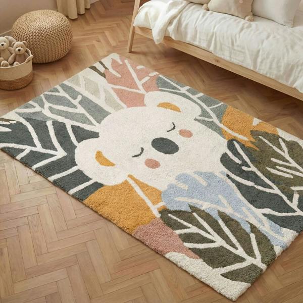 Children's rug with a cartoon koala design on a wooden floor.