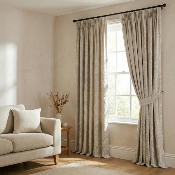 Athens made-to-measure curtains in Silverlight, styled in a living room