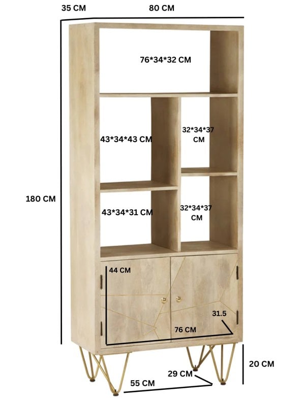 IH Design Multi shelf bookcase with Doors Barbuto Light Mango