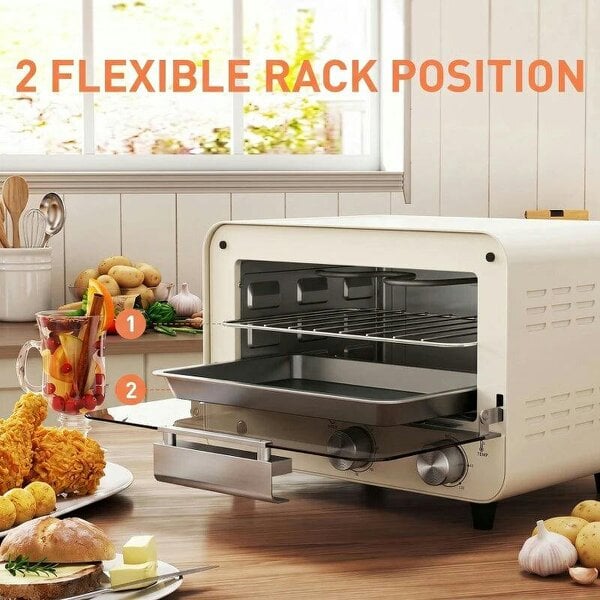Mini Oven, Small Toaster Oven with Glass Door, Adjustable Temperature and Timer, Accessory Included, 750W, Cream White
