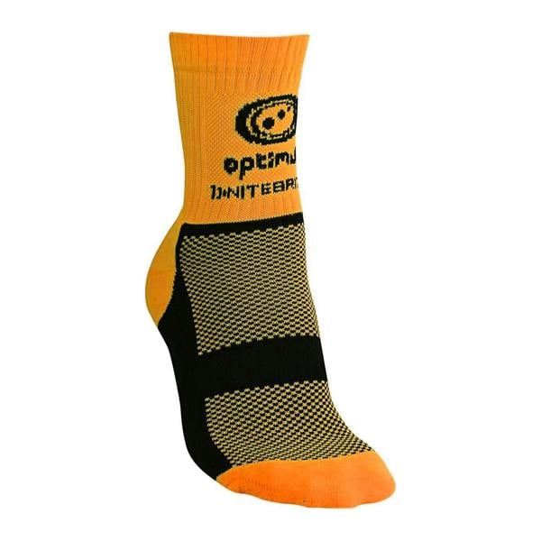 Fluro orange Optimum NiteBrite cycling sock with black mesh sole, angled heel view on white - Optimum