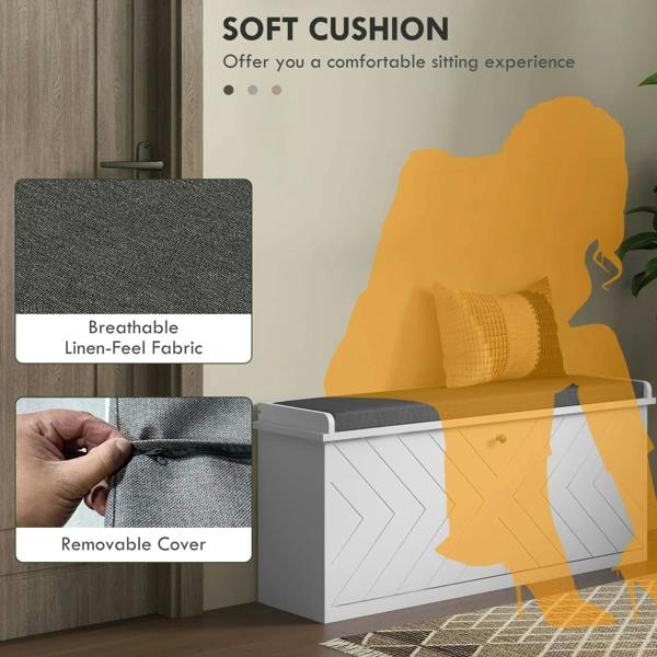 Gray fabric cushion on white shoe storage bench with removable cover