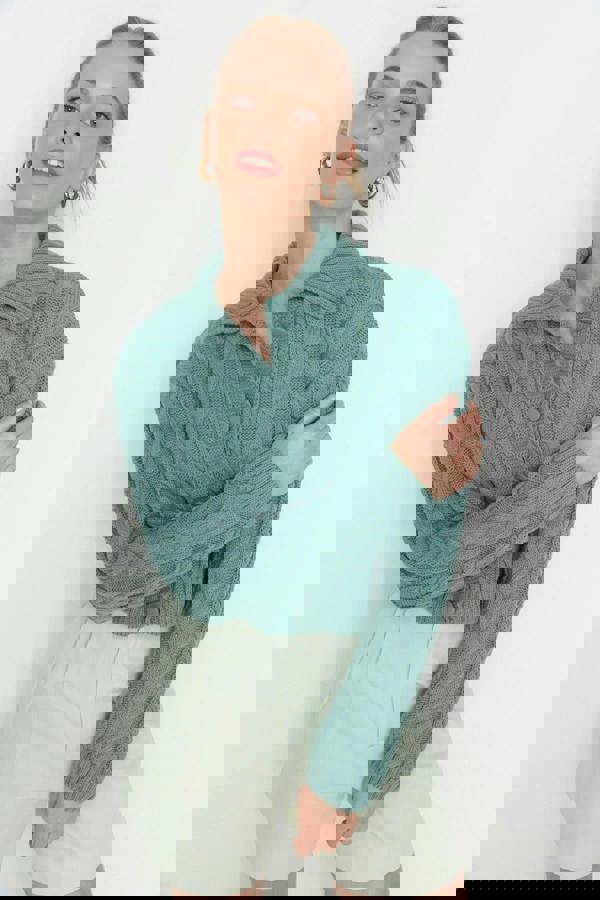 WOVCOR Crop Polo Neck Knit Cardigan with Covered Button Detail