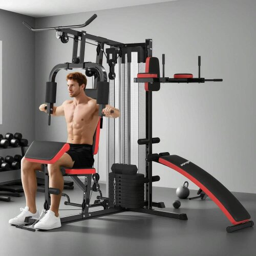 Bobobiy SPORTNOW Multi Gym Workout Station, Weight Machine with 65kg Weight Stack, Sit Up Bench, Push Up Stand, Dip Station