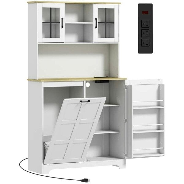 175cm Tall Kitchen Cabinet, Kitchen Cupboard with Rubbish Bin Cabinet, 3 Door Shelves and 2 Acrylic Doors, White