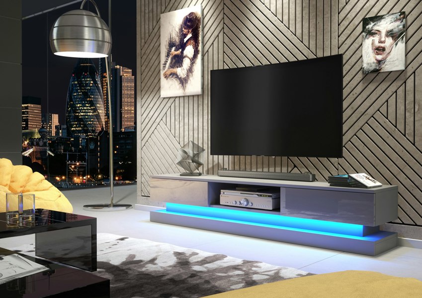 Mex Furniture 180cm Modern TV Unit with Grey High Gloss Doors & Free LED Lighting