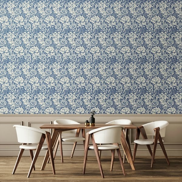 Hoopla Walls Chrysanthemum  - Indigo Blue 10m Wallpaper