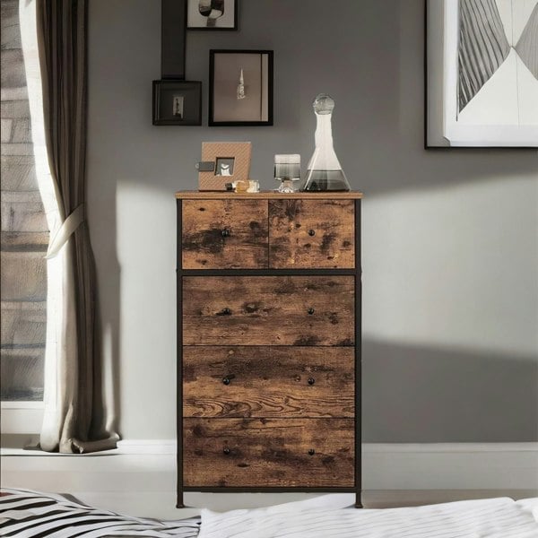 Rafaelo Mobilia 5 Fabric Drawer Bedroom Dresser Storage Organiser Rustic Brown