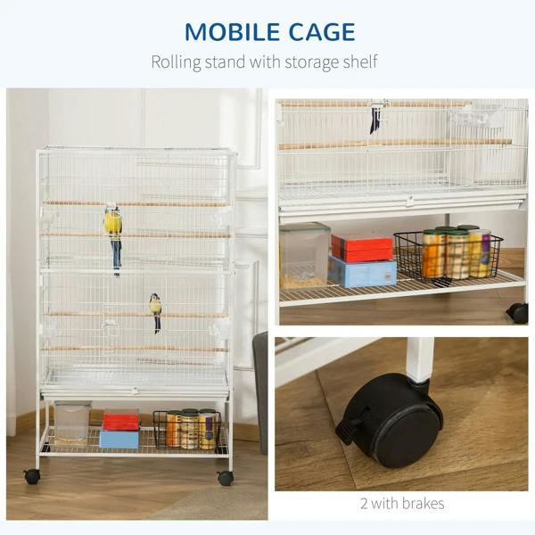 White mobile bird cage on caster wheels with storage shelf and trays