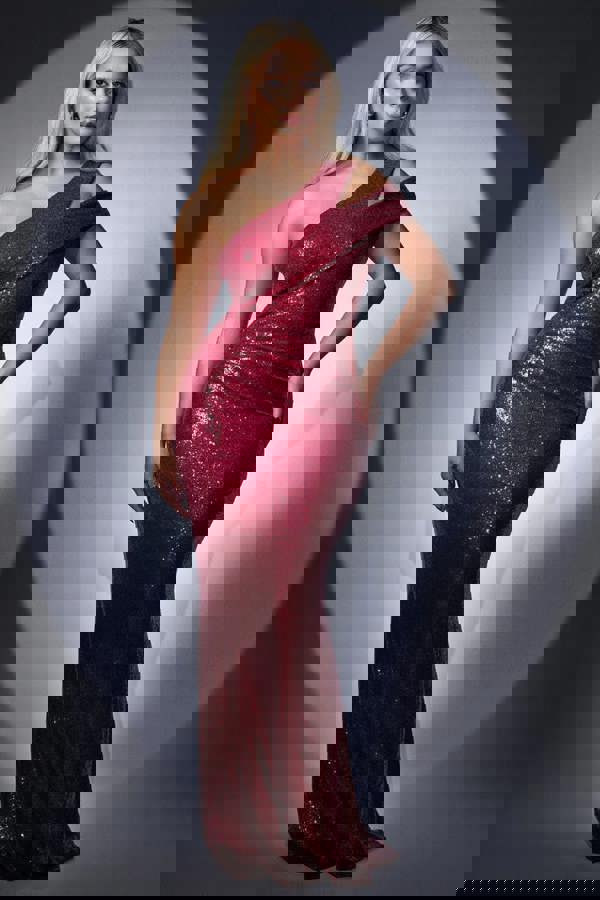 One Shoulder Sequin Evening Maxi - Wine DR4069
