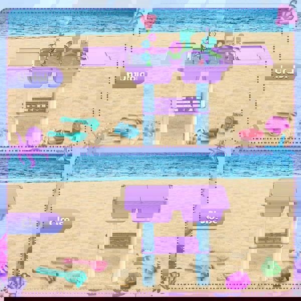 deAO Toys deAO Purple Outdoor Sand and Water Play Table for Kids – Fun Beach and Pool Activities with Fishing Game, Waterwheel, and Creative Molds
