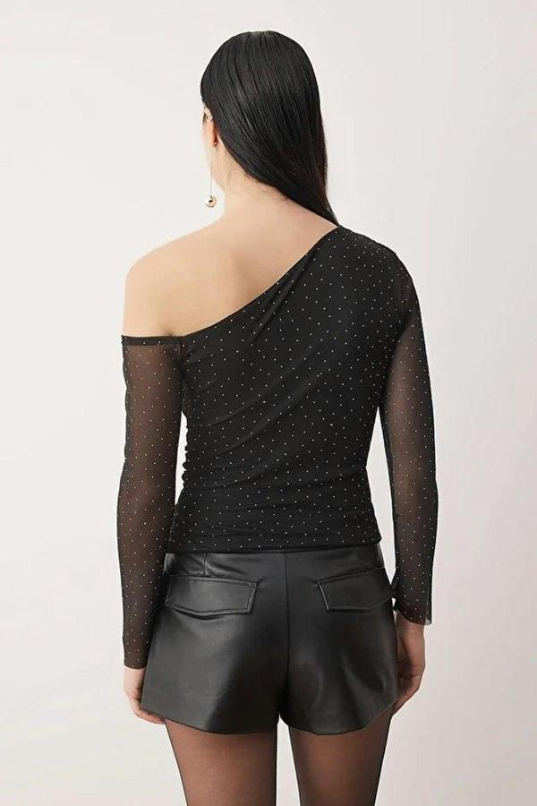 WOVCOR Sparkling Stone Print Asymmetrical Collar Knit Party Blouse