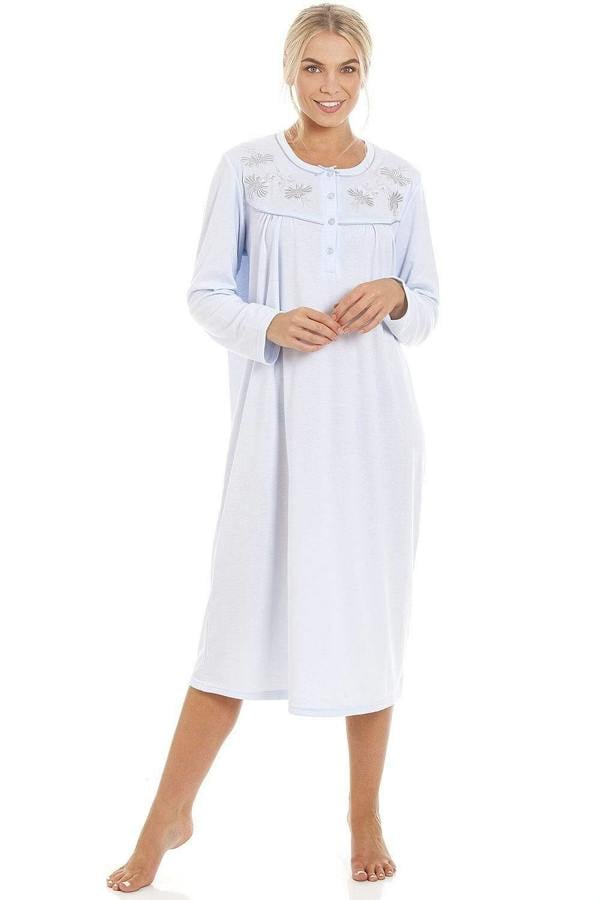 Camille Women's Light Blue Long Sleeve Nightdress with Embroidery & Buttons