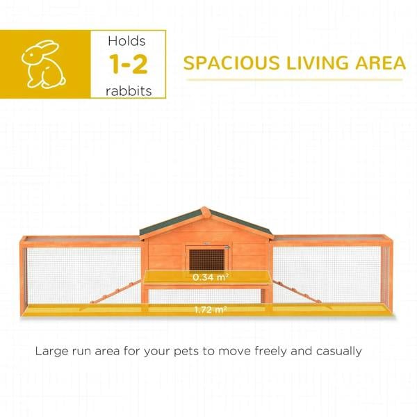 Orange wooden rabbit hutch with run, spacious enclosed area, wire mesh panels