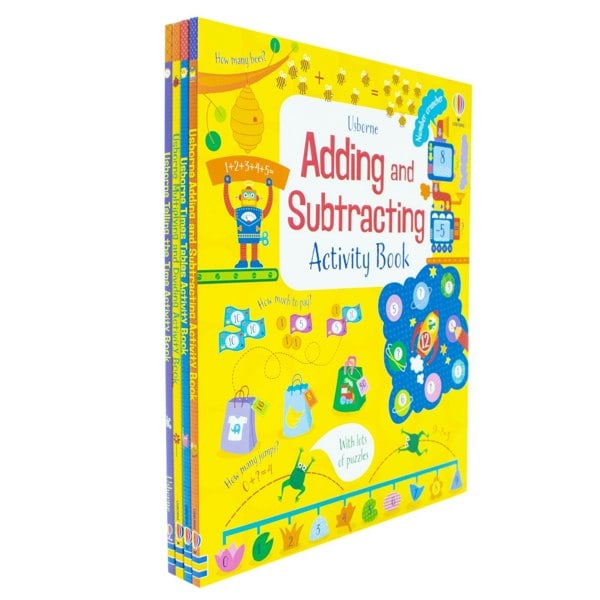 Educational Workbooks 4 Book Set: Addition & Subtraction, Times Tables, Telling the Time & More