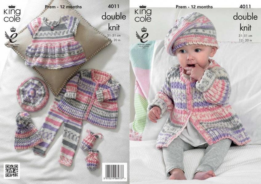 King Cole Cherish Knitting Pattern 4011, Headwear, Gloves, Trousers, Tops, Cardigans for Baby, Premature - 12 Months - Intermediate