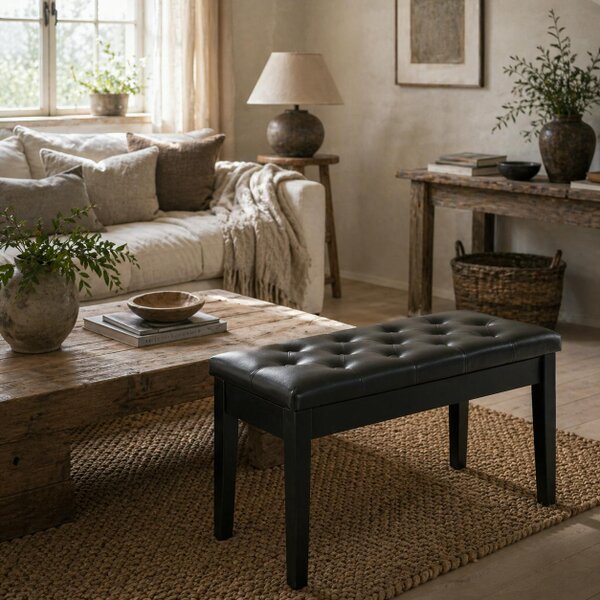 Wyld Haus Milara Faux Leather Black Upholstered Piano Bench With Storage Compartment Diamond Tufted Lid