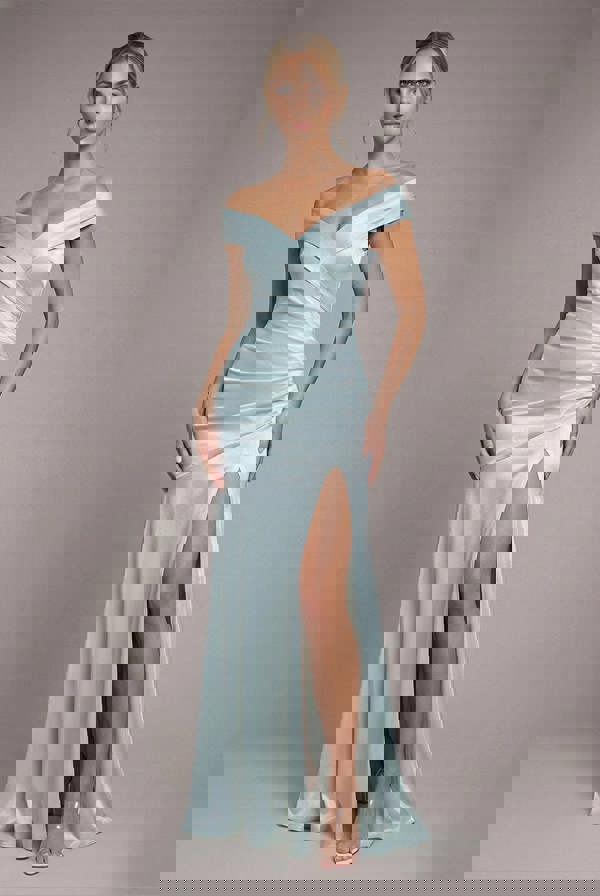 Satin Off Shoulder Pleated Maxi Dress - Sage Green DR3731
