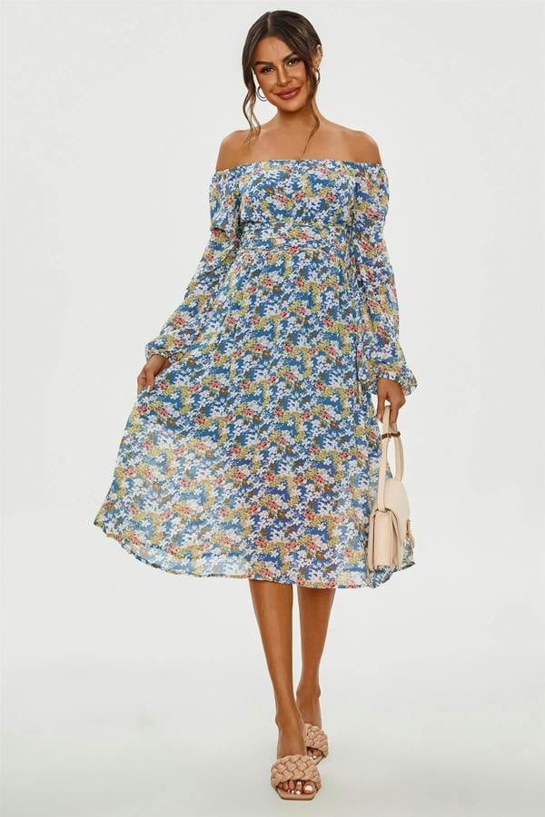 FS Collection Floral Print Long Sleeve Maxi Dress In Blue