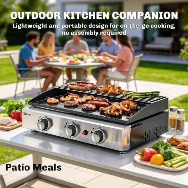 Bobobiy 3 Burner Grill Griddle, Portable Gas Plancha with Warming Rack, 7.5 kW, Tabletop Gas BBQ with Grease Cup, Black