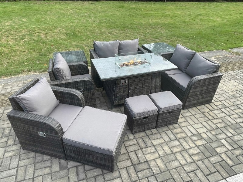 Fimous Rattan Outdoor Garden Furniture Set with Gas Fire Pit Table, 2 Sofas, 2 Chairs, 3 Footstools, 2 Side Tables - 9 Seater - Dark Grey