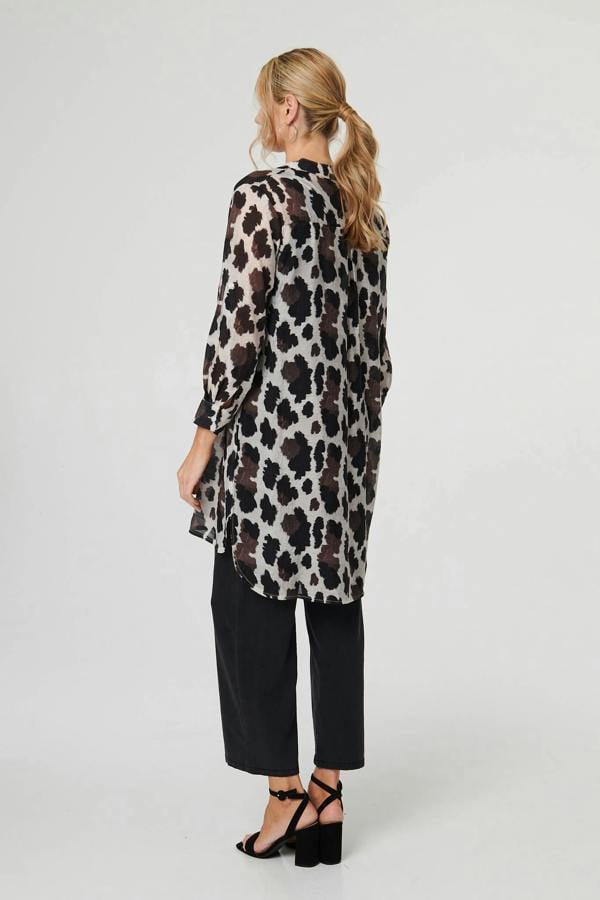 Brown | Animal Print Longline Semi Sheer Shirt