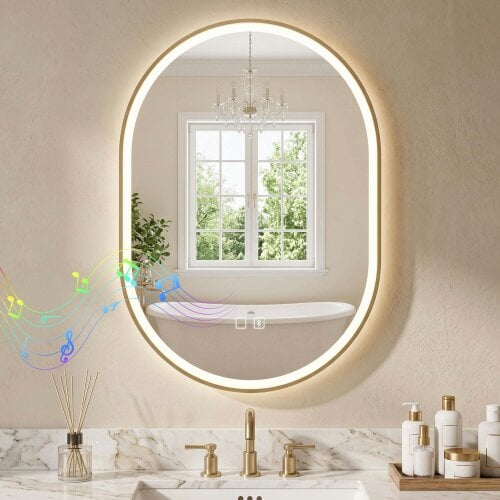 HOMCOM LED Bathroom Mirror, 100x70cm Oval Bathroom Mirror, Gold Tone