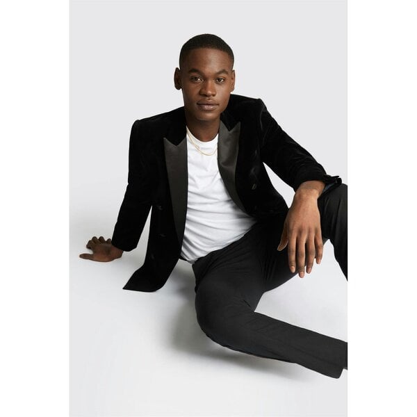 Antique Rogue Slim Fit Black Velvet Double Breasted Blazer
